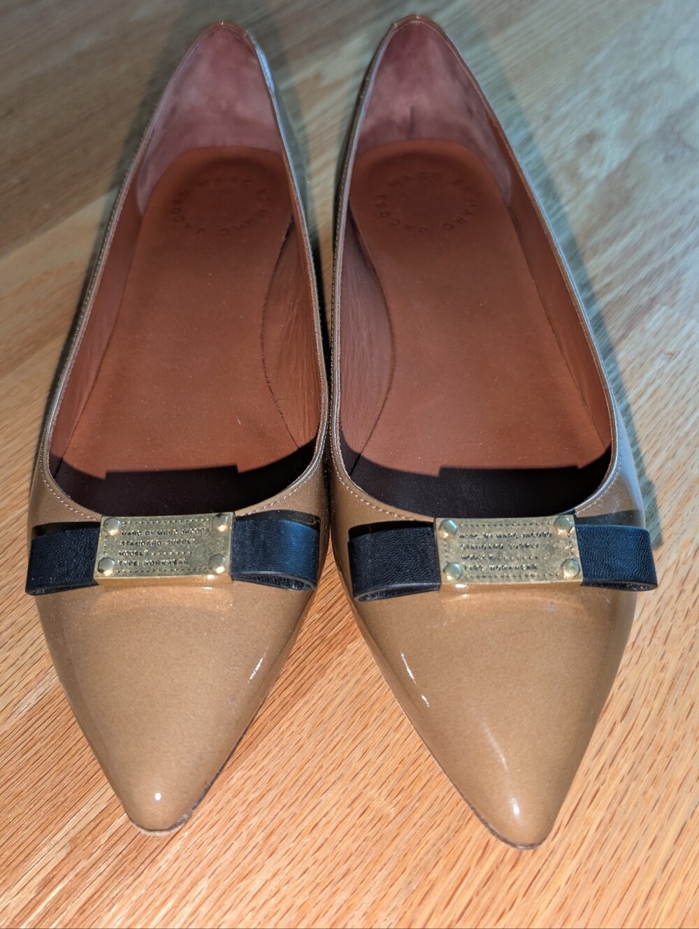 Marc by Marc Jacobs Nude/Black Patent Pointed Toe Flats with Black Bow Accent